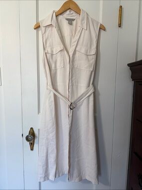 H&M Cream Belted Sleeveless Midi Shirt Dress